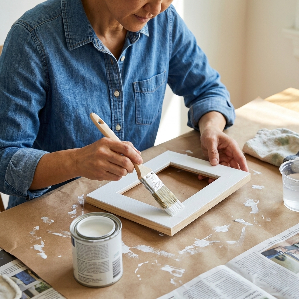 A hand painting a small wooden picture frame with matte white paint on brown paper covering a table