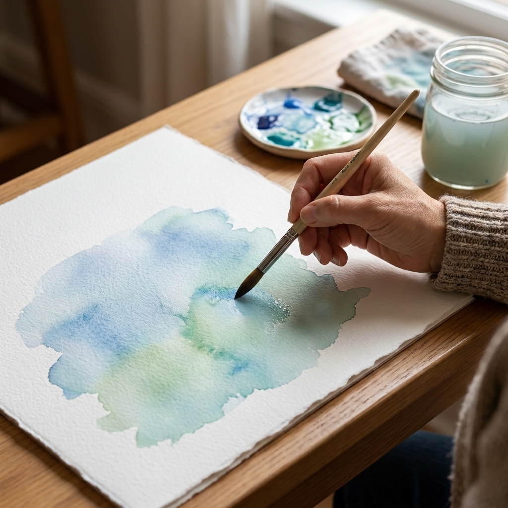 A hand painting a soft blue and green watercolor wash on thick textured watercolor paper with a round brush