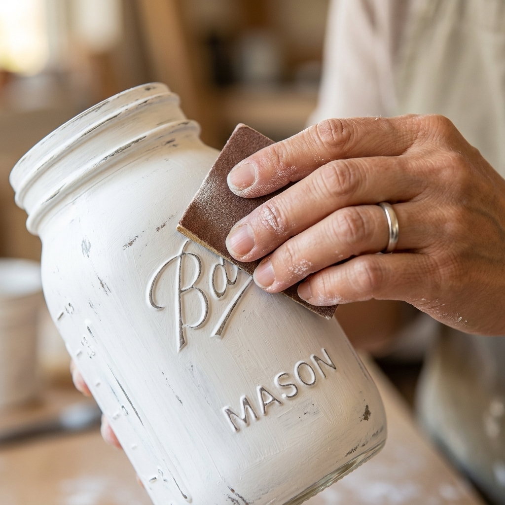 A hand sanding the rim of a white chalk-style painted mason jar to create a distressed rustic finish on the raised glass lettering