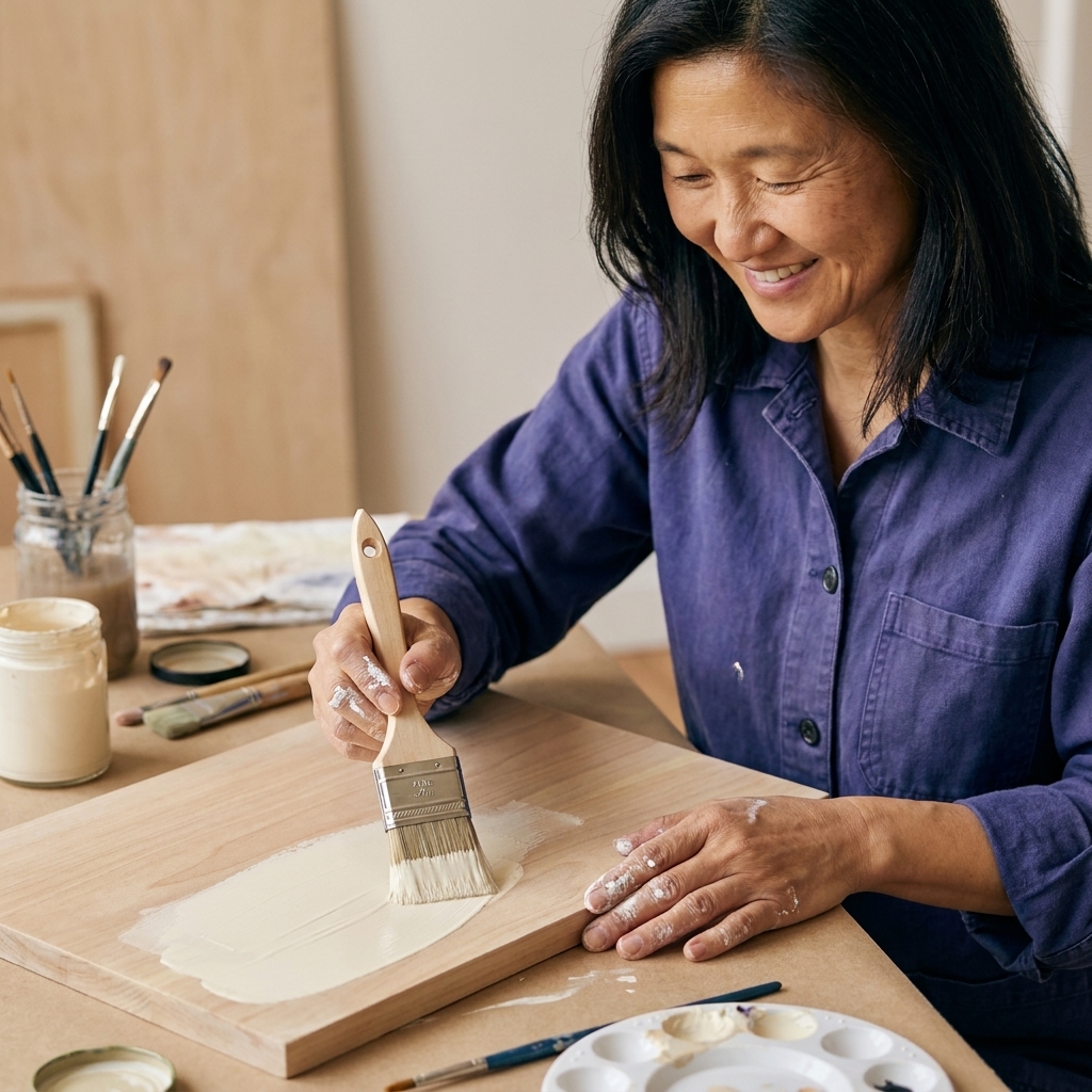 A hand using a flat paintbrush to apply a smooth coat of acrylic paint onto a sanded wooden board on a craft table