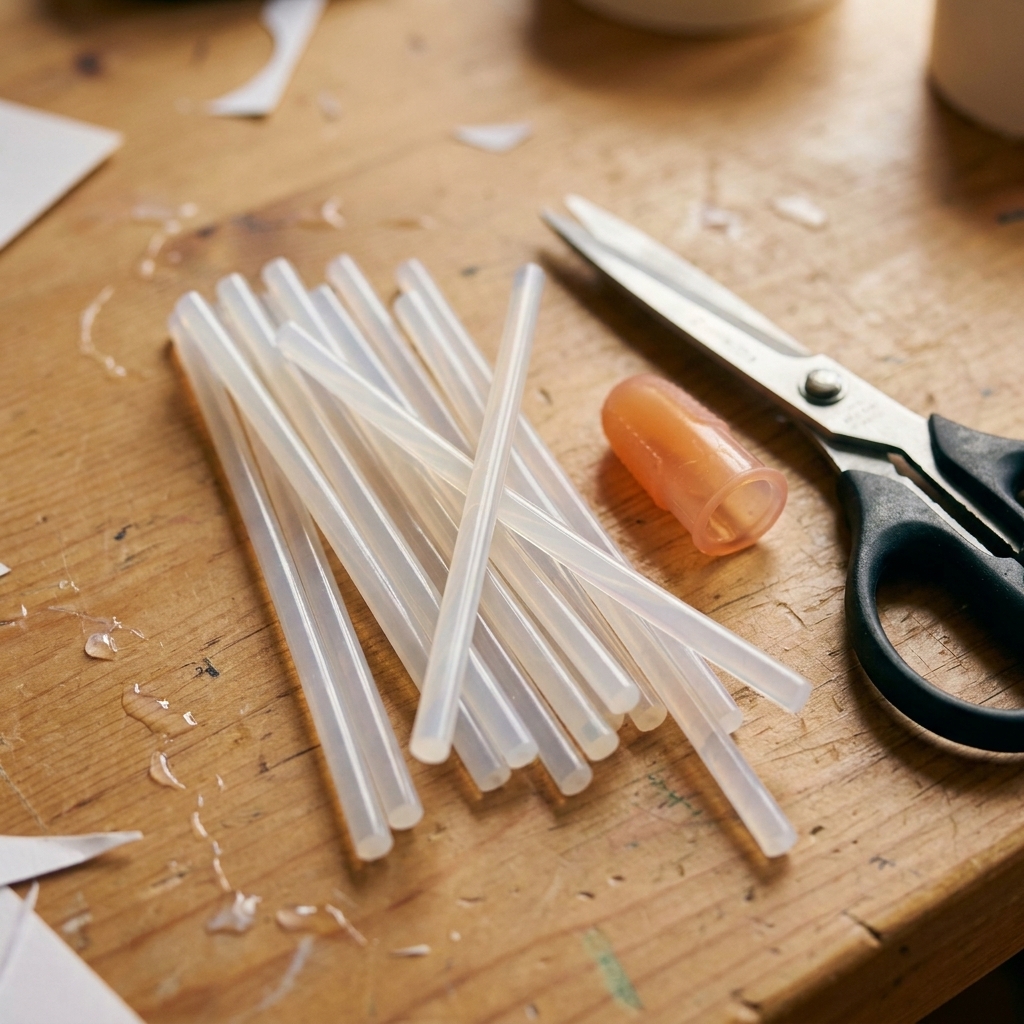 A handful of full-size clear hot glue sticks scattered on a craft table next to a pair of scissors and a silicone finger protector