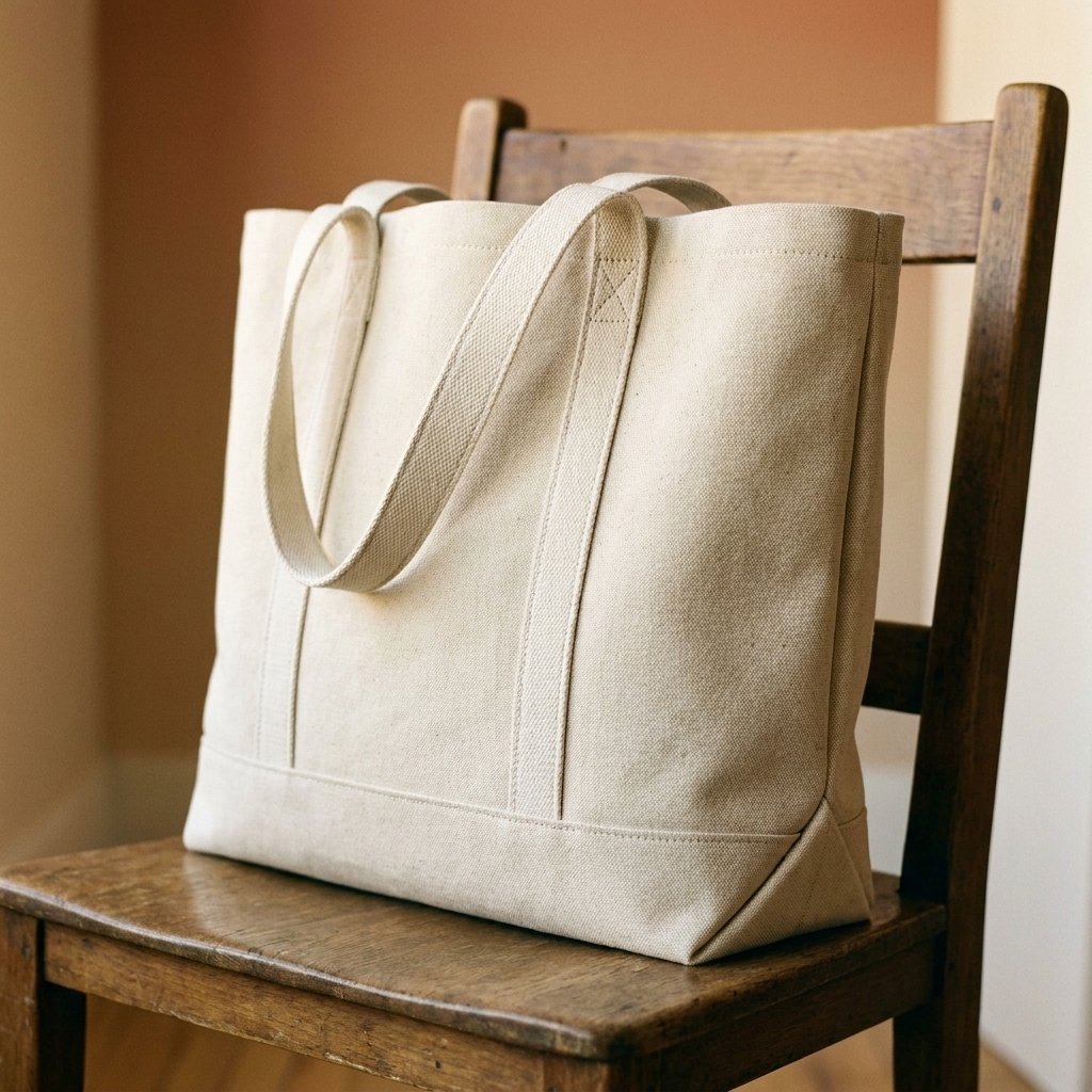 A handmade canvas tote bag with sturdy straps sitting on a chair, showing straight seams and boxed corners