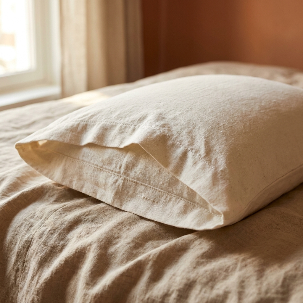 A handmade envelope-style pillowcase on a bed with the back overlap visible, sewn from cotton fabric