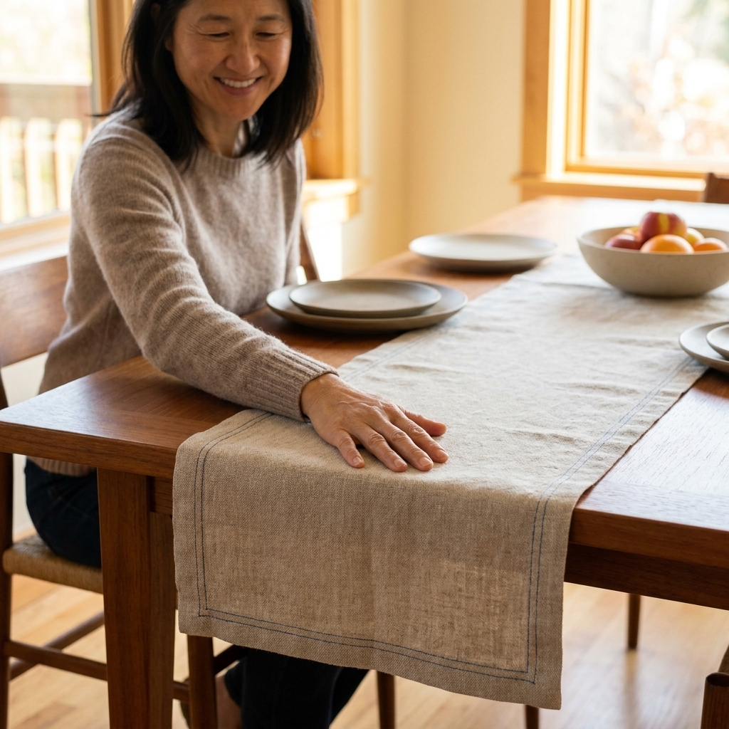 A handmade fabric table runner laid across a dining table with neat topstitching along the edges