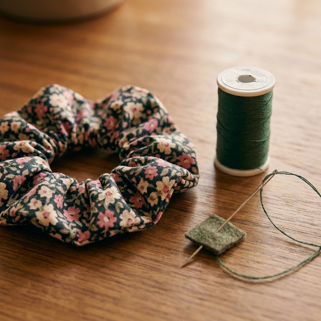 A handmade floral scrunchie beside thread and a needle
