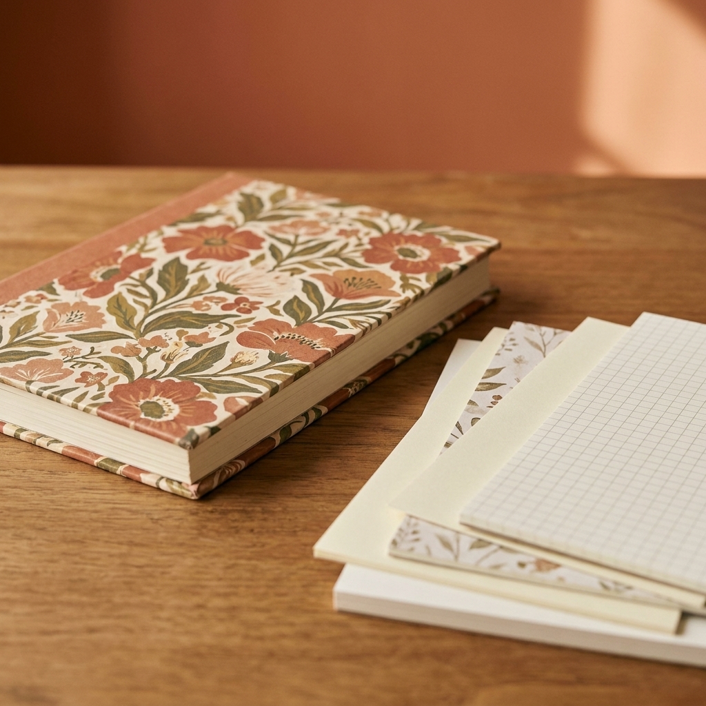 A handmade notebook cover wrapped in floral paper over chipboard, sitting next to a small stack of mixed patterned and plain interior pages