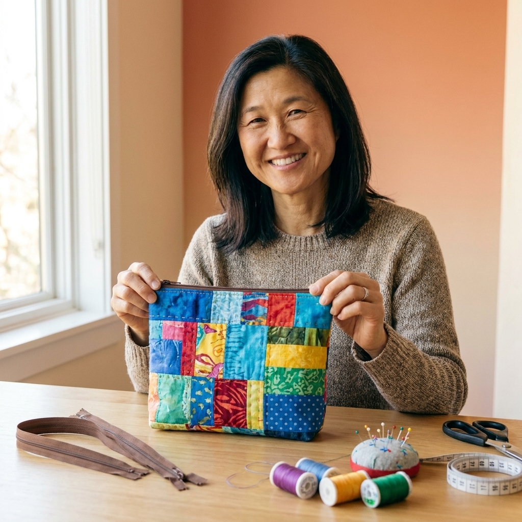 A handmade patchwork zipper pouch with bright fabric scraps on a craft table next to a zipper and sewing notions.