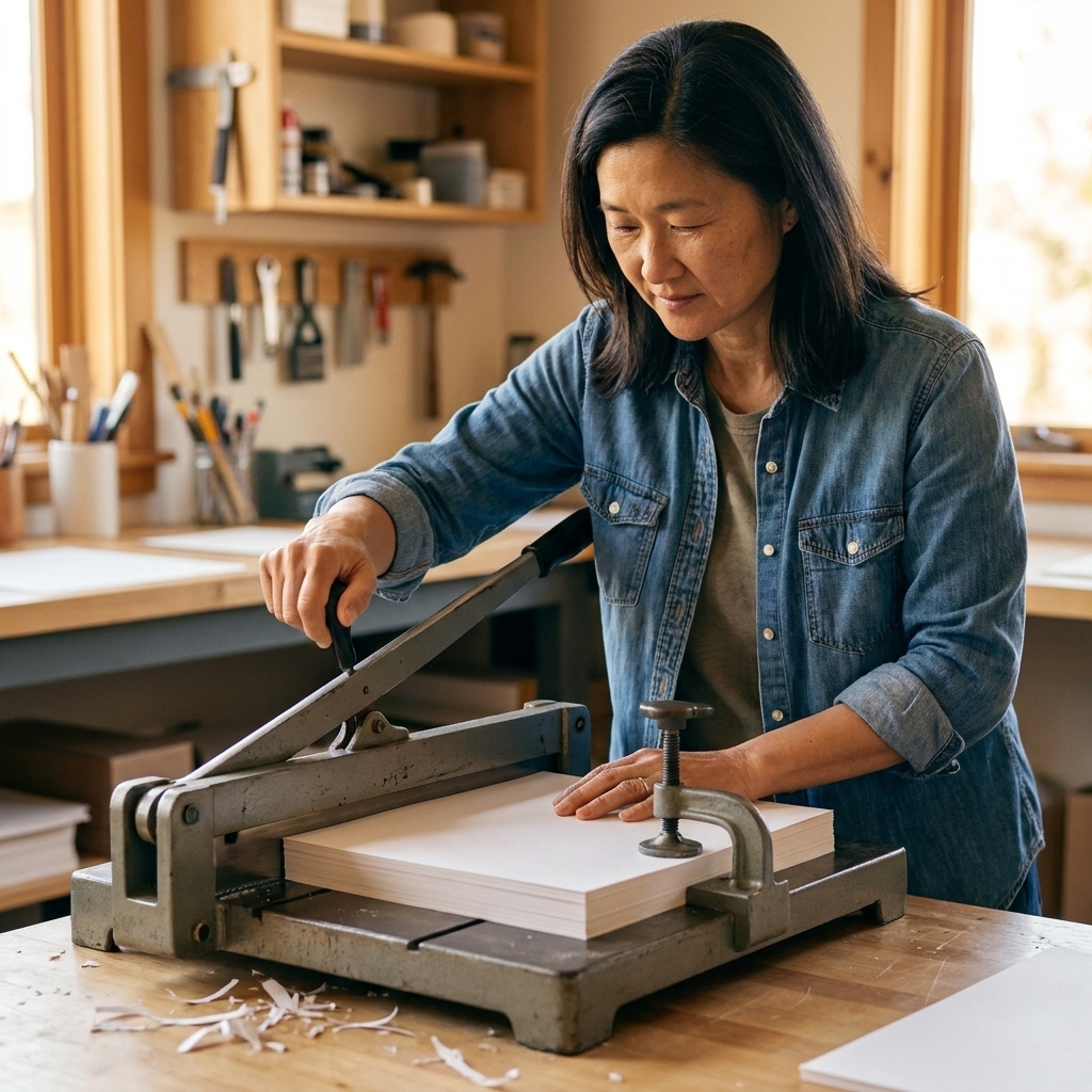 A heavy-duty guillotine paper cutter on a work surface trimming a stack of white cardstock sheets with a firm clamp holding the paper in place