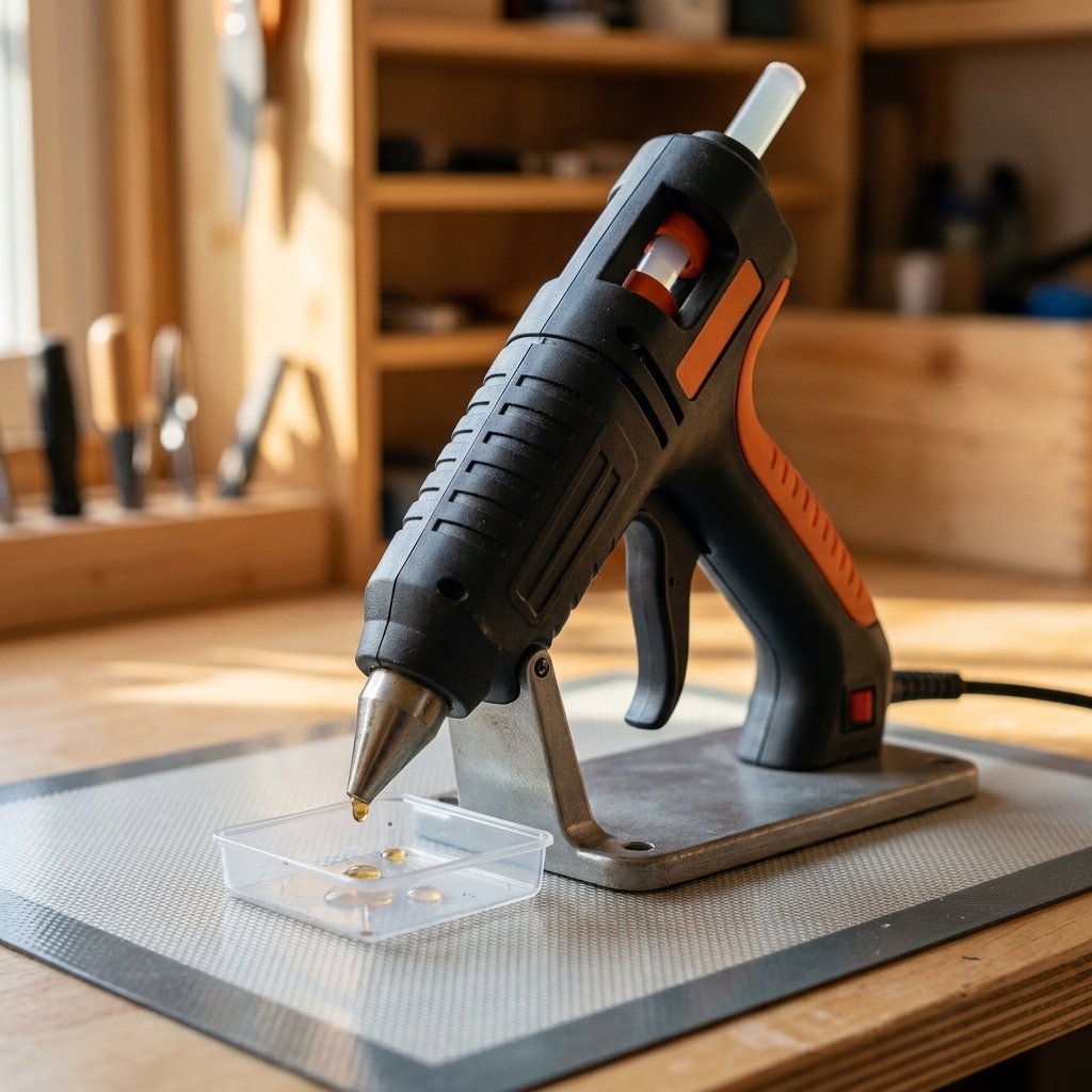 A heavy-duty hot glue gun standing upright on a wide stable base on a silicone mat, with a small drip catcher placed underneath the nozzle