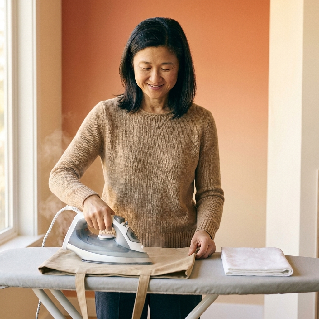 A home iron resting on an ironing board with a cotton pressing cloth folded nearby and a fabric tote bag being pressed