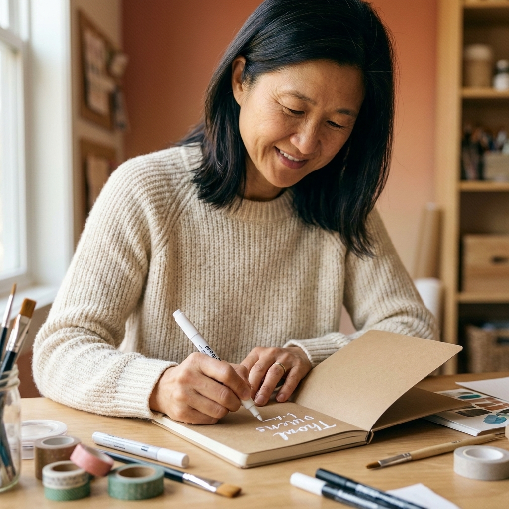 A kraft-cover notebook being labeled with a white paint marker on a craft desk