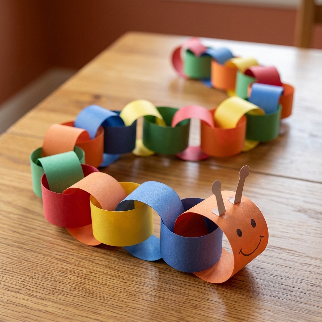 A long paper chain caterpillar with a drawn smiling face and antennae laid across a tabletop