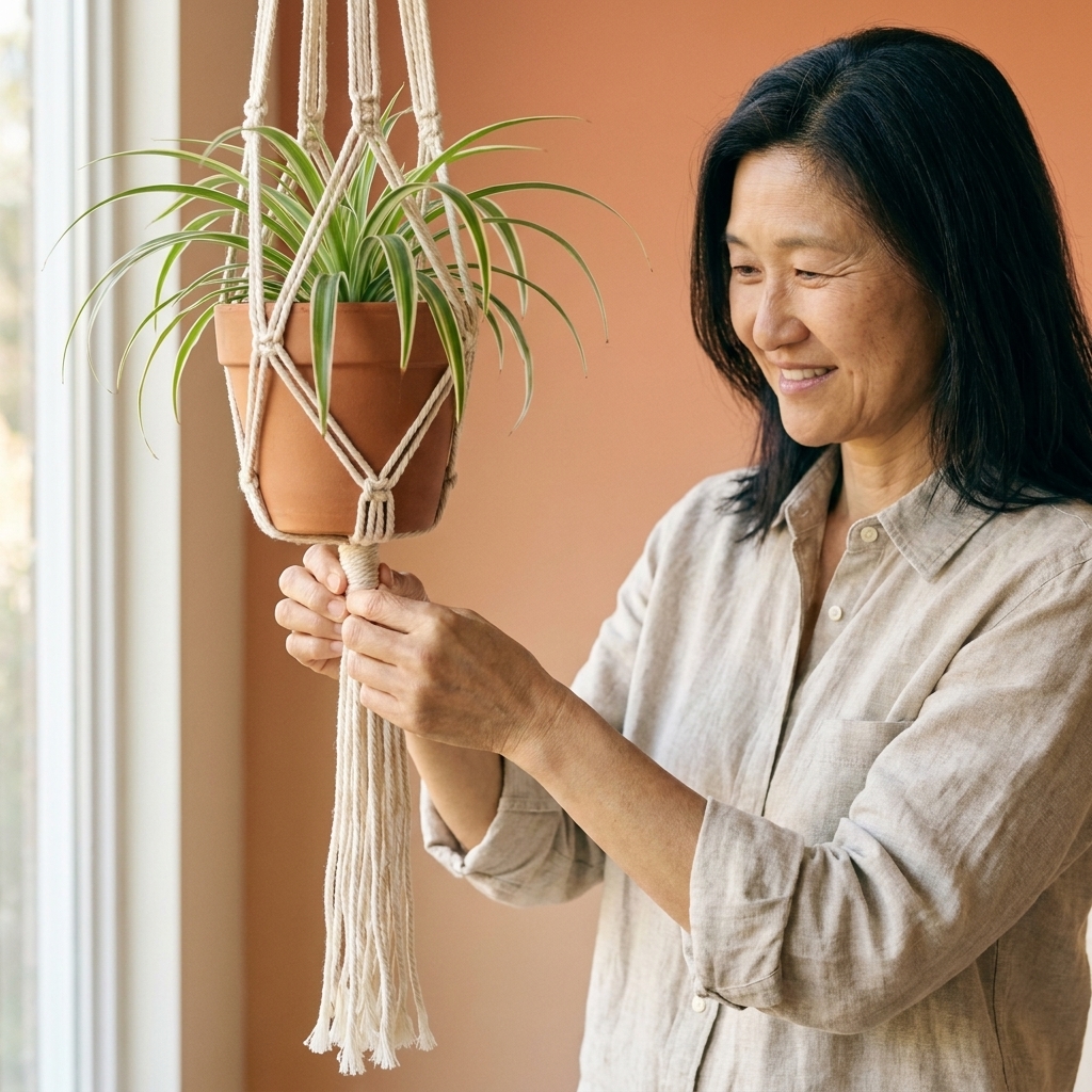 A macrame plant hanger being cinched with a wrap knot near the bottom, with fringe hanging below
