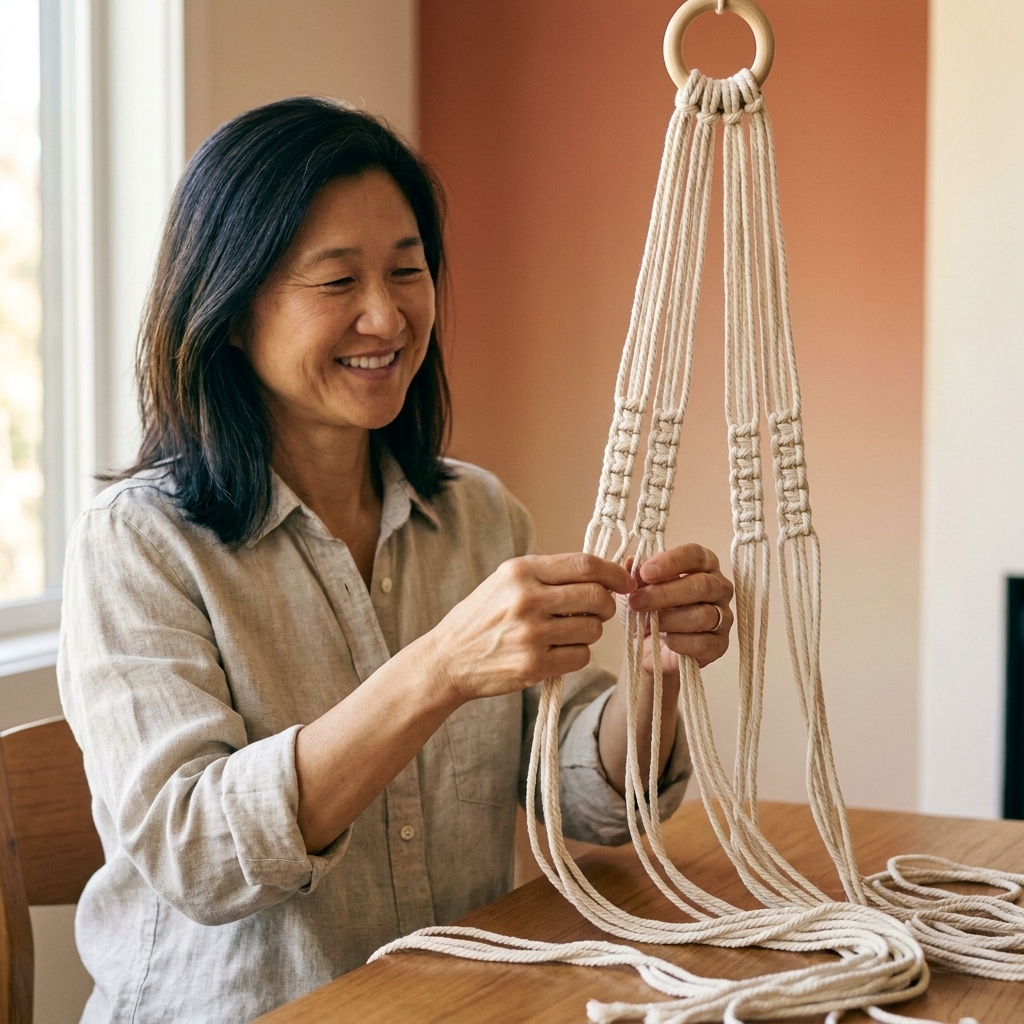 A macrame plant hanger in progress with four groups of cords each tied into neat vertical rows of square knots
