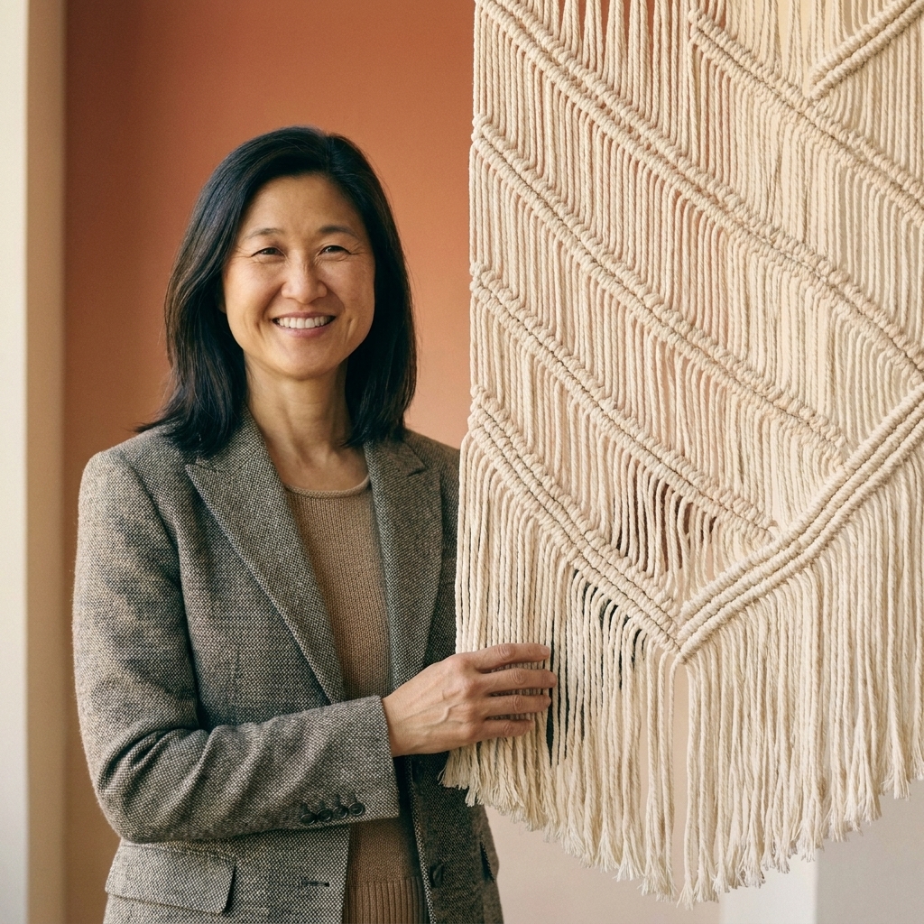 A macrame wall hanging featuring diagonal lines made with double half hitch knots, finished with soft fringe