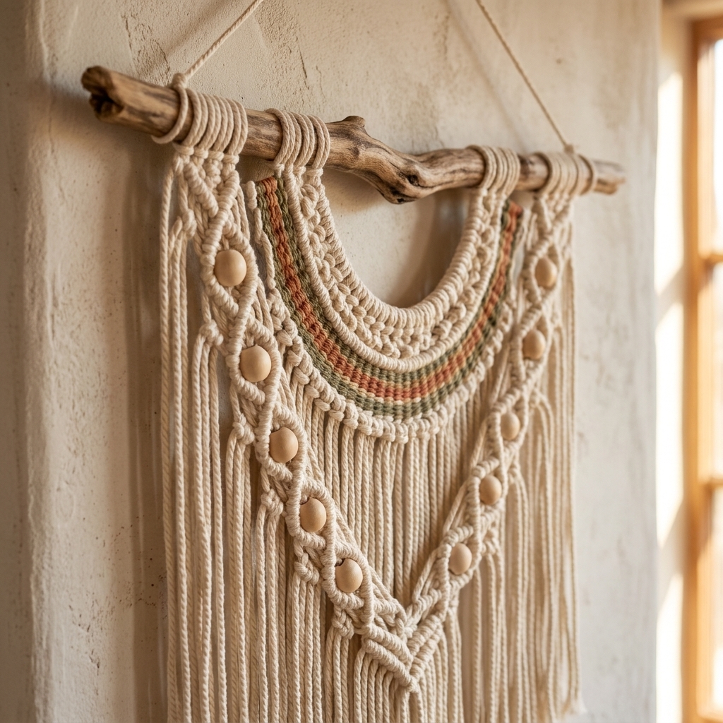 A macrame wall hanging incorporating small wooden beads and a subtle woven accent band, hung on a natural wood branch