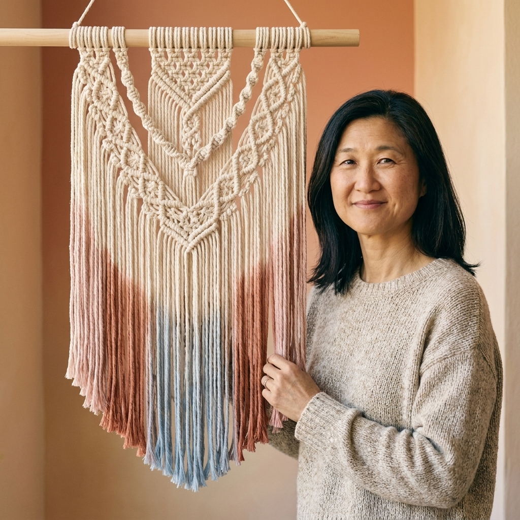A macrame wall hanging with a neutral top and a softly colored dip-dyed fringe bottom, hanging on a smooth dowel
