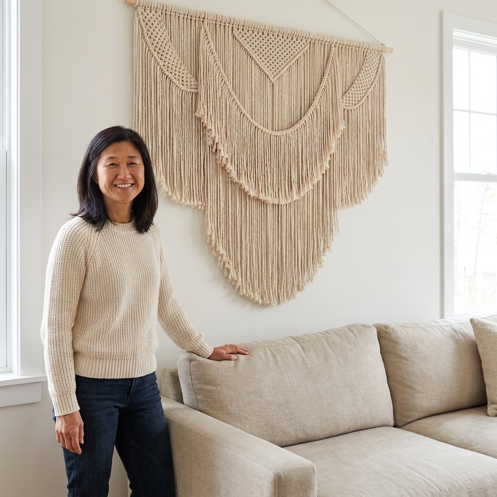 A macrame wall hanging with layered, curved fringe sections cascading downward, styled above a neutral sofa