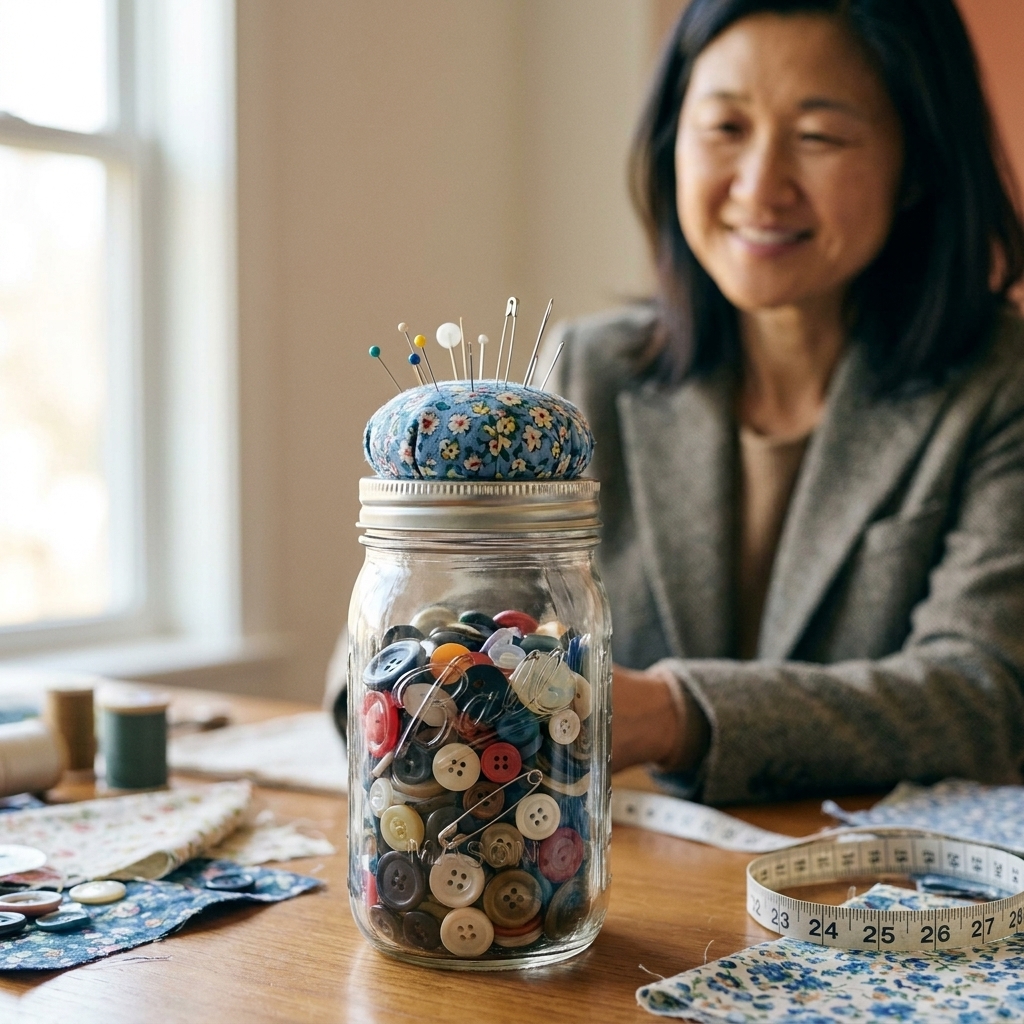 A mason jar filled with colorful buttons and safety pins with a floral fabric pincushion attached to the lid, sitting on a sewing table
