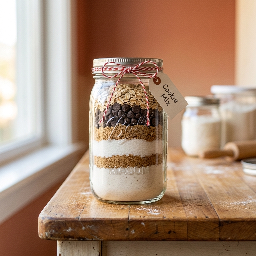 A mason jar filled with layered cookie mix ingredients on a wooden counter with a ribbon tied around the lid