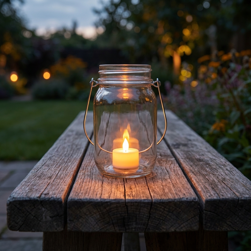 A mason jar lantern with a simple wire handle and a warm glowing LED tea light inside, sitting on a rustic outdoor wooden bench at dusk