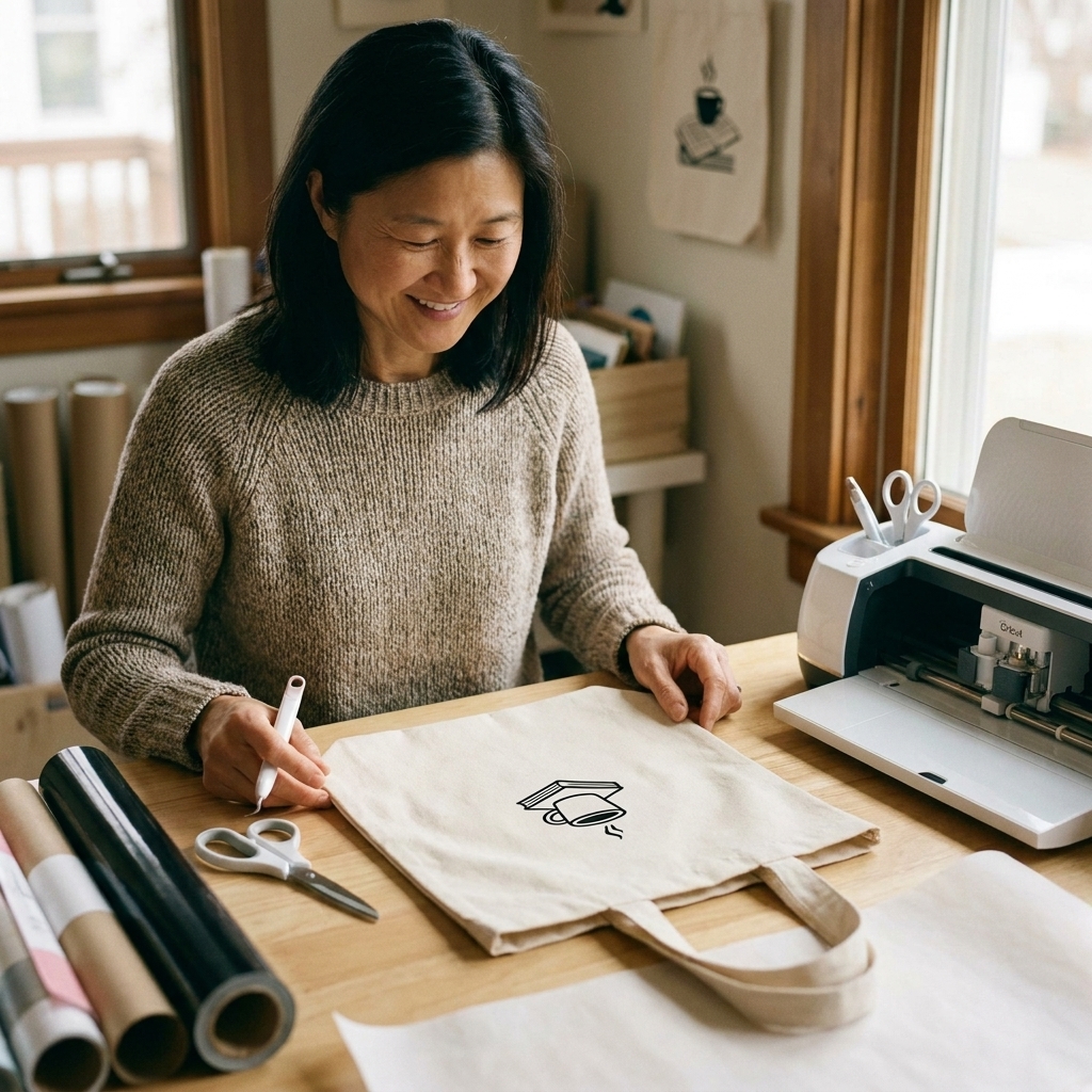 A natural canvas tote bag with a small heat transfer vinyl design on the front, resting on a craft table