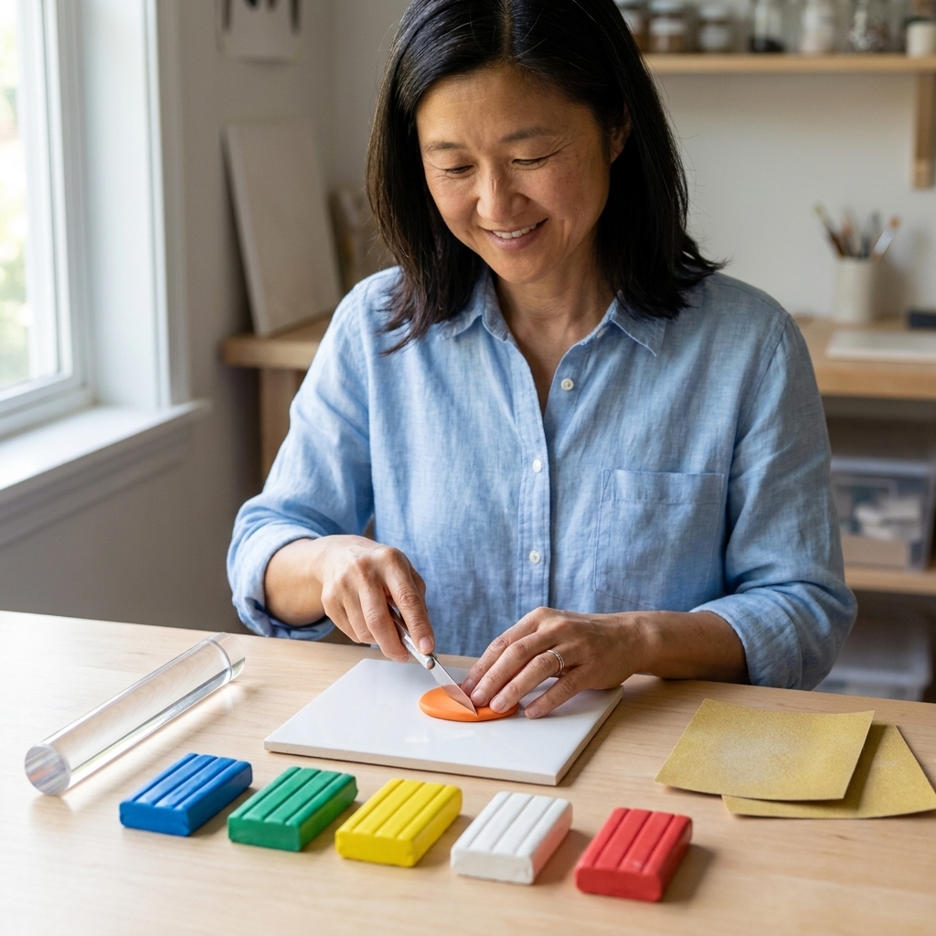 A neat workspace with polymer clay blocks, an acrylic roller, a ceramic tile surface, craft knife, and sandpaper sheets laid out