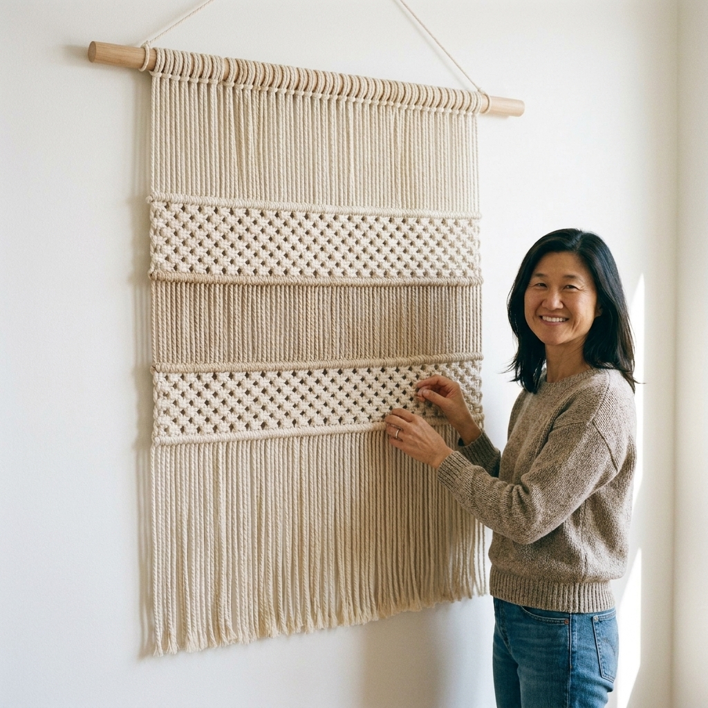 A neutral macrame wall hanging with neat square-knot stripes on a smooth wooden dowel, hanging on a white wall