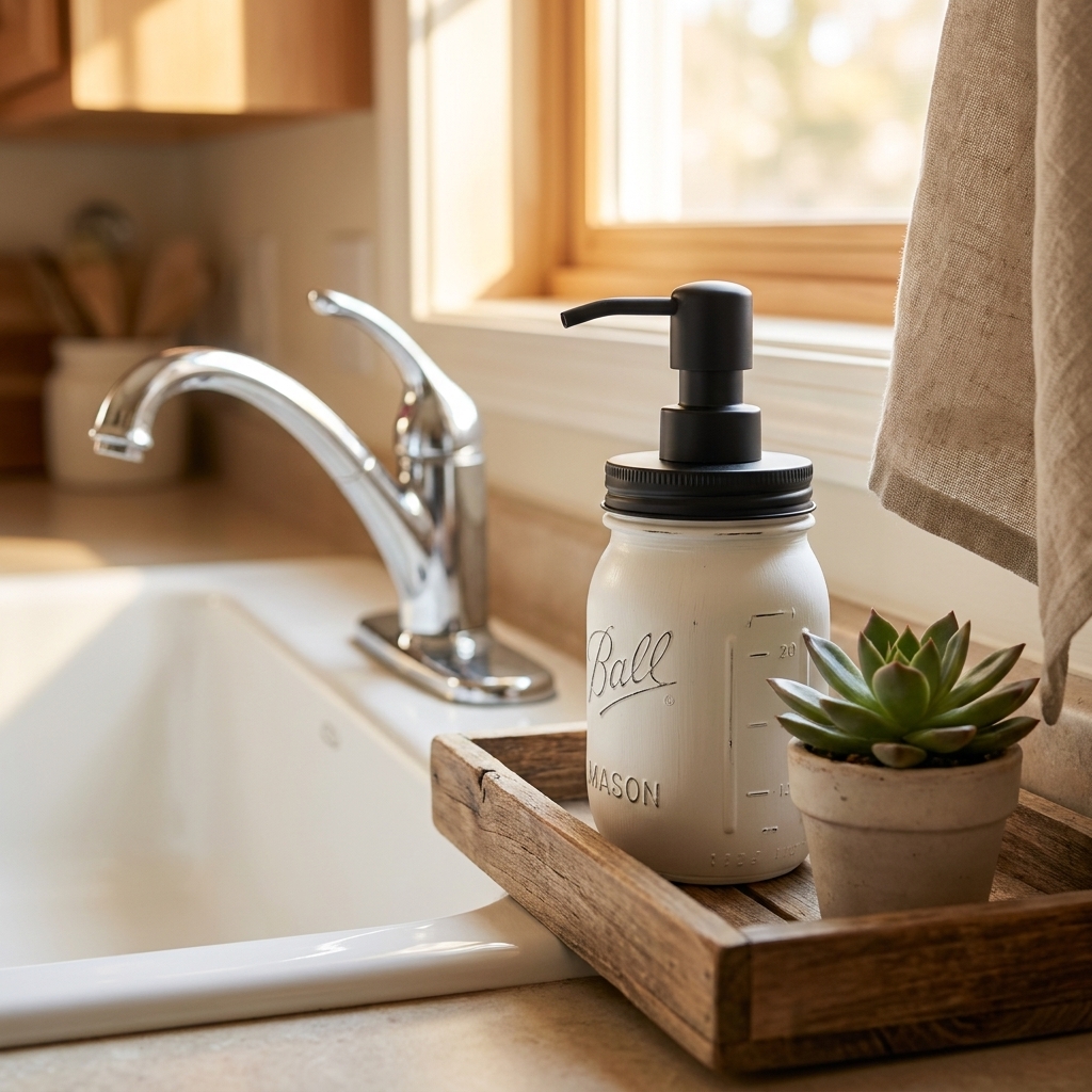 A painted white mason jar soap dispenser with a black pump sitting next to a sink on a wooden tray with a small plant