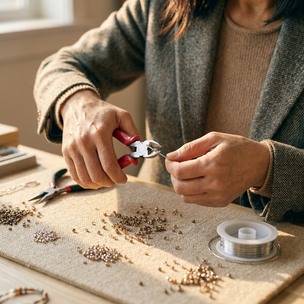 A pair of flush cutters cutting a short piece of silver-colored craft wire on a bead mat