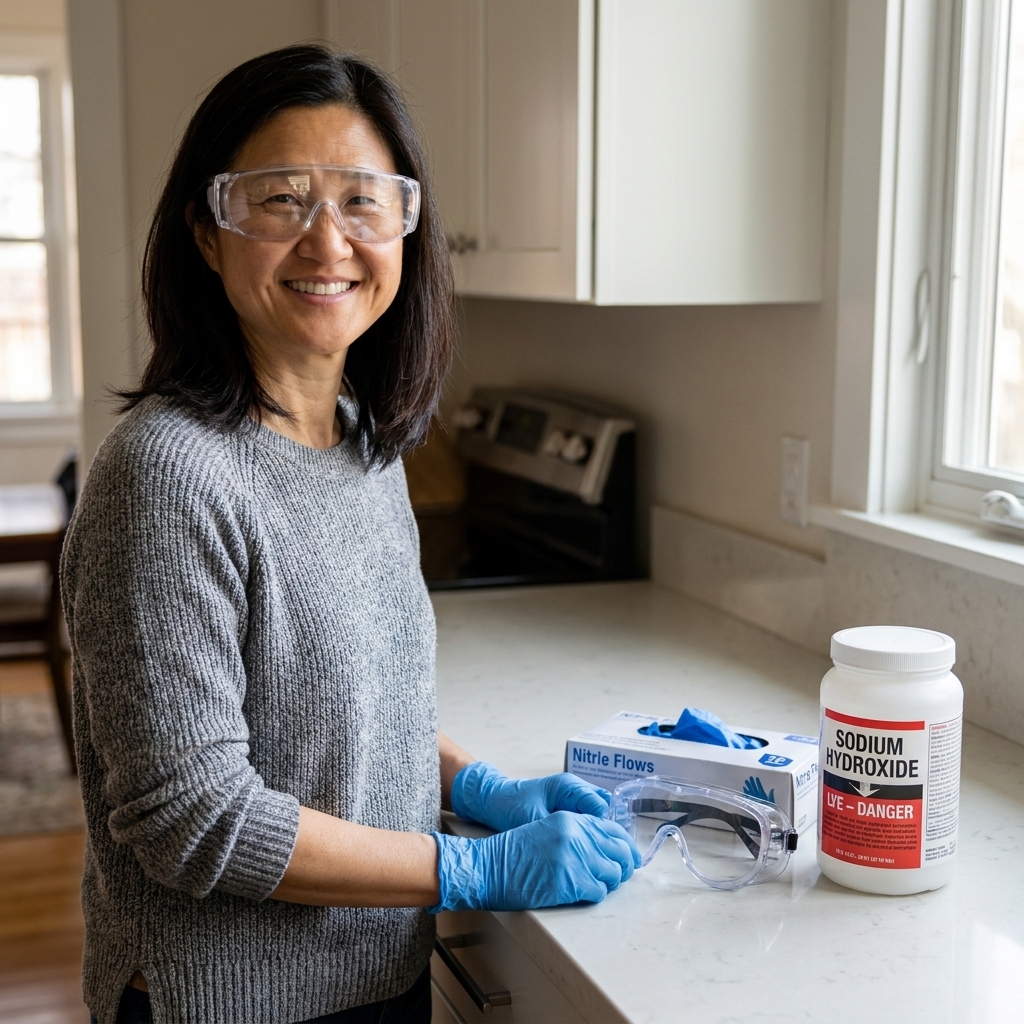 A pair of safety goggles and nitrile gloves next to a clearly labeled container of sodium hydroxide lye on a clean countertop