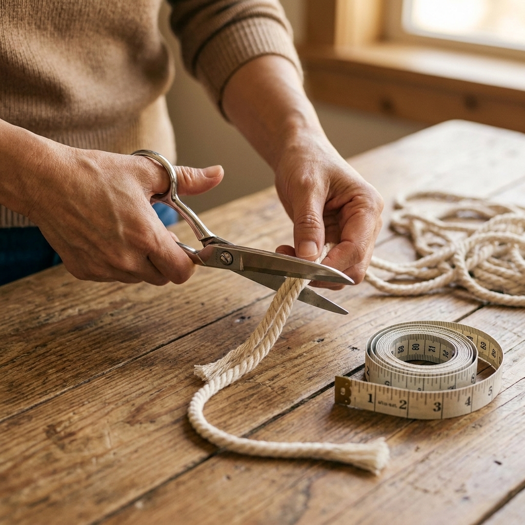A pair of scissors cutting natural cotton macrame cord on a wooden tabletop with a measuring tape beside it