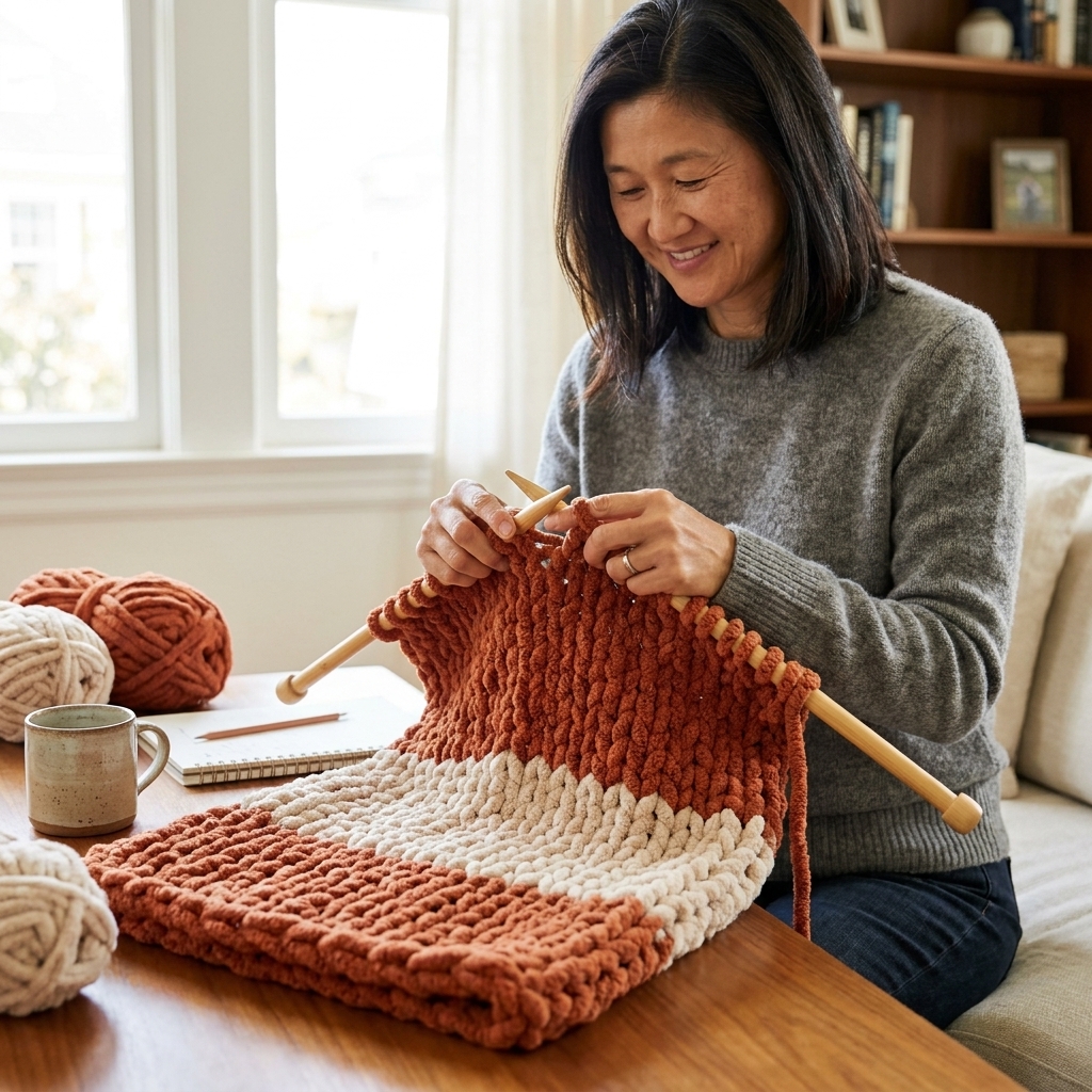 A partially finished chunky knit blanket in thick chenille yarn resting on a table, showing several rows of large even stitches