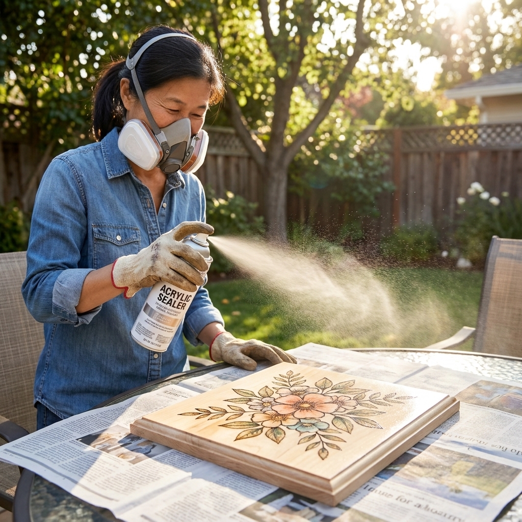 A person applying a fine mist of clear acrylic spray sealer over a finished woodburned and watercolor-painted wooden plaque outdoors on a protected surface