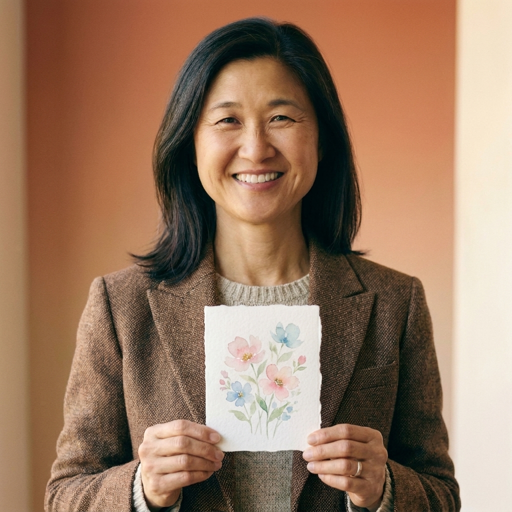 A person holding a handmade greeting card painted with soft watercolor flowers on thick white paper