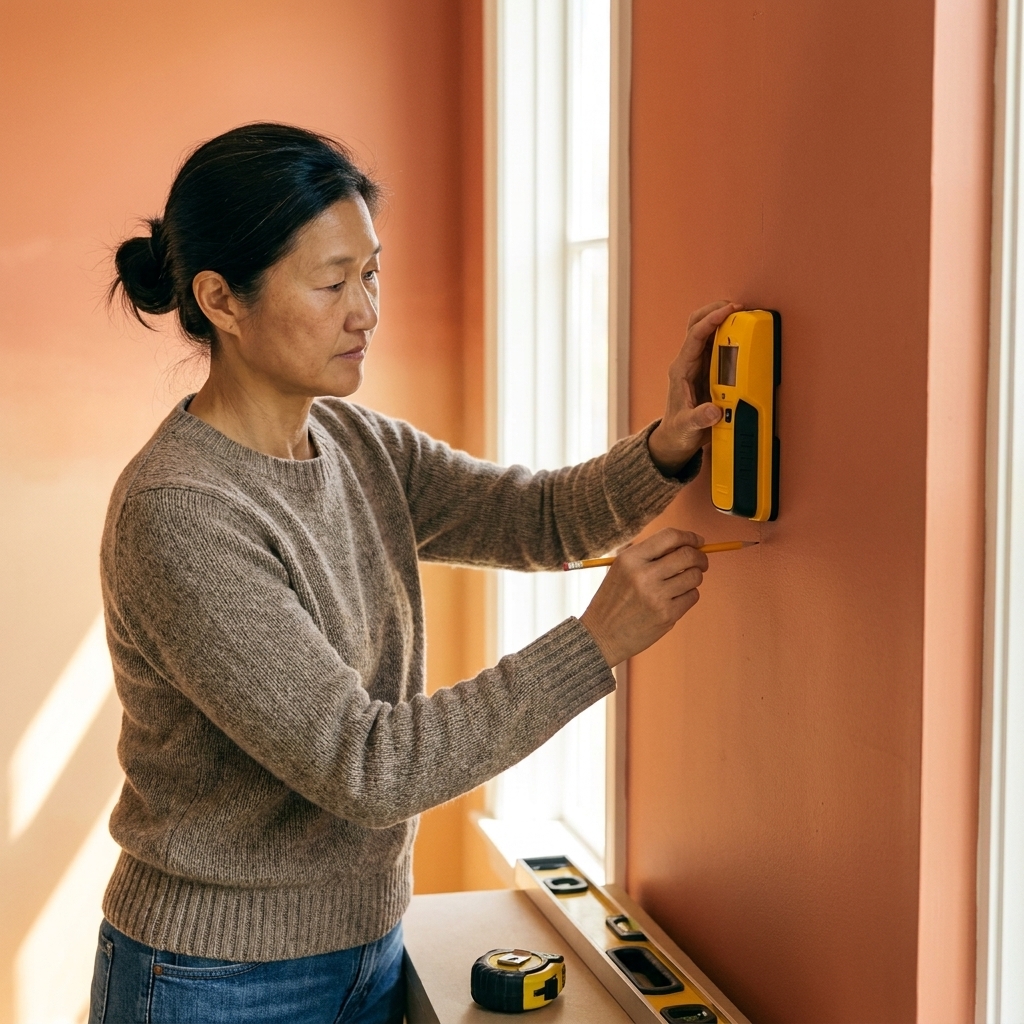 A person holding a stud finder against a painted wall and marking stud locations with pencil for floating shelf installation