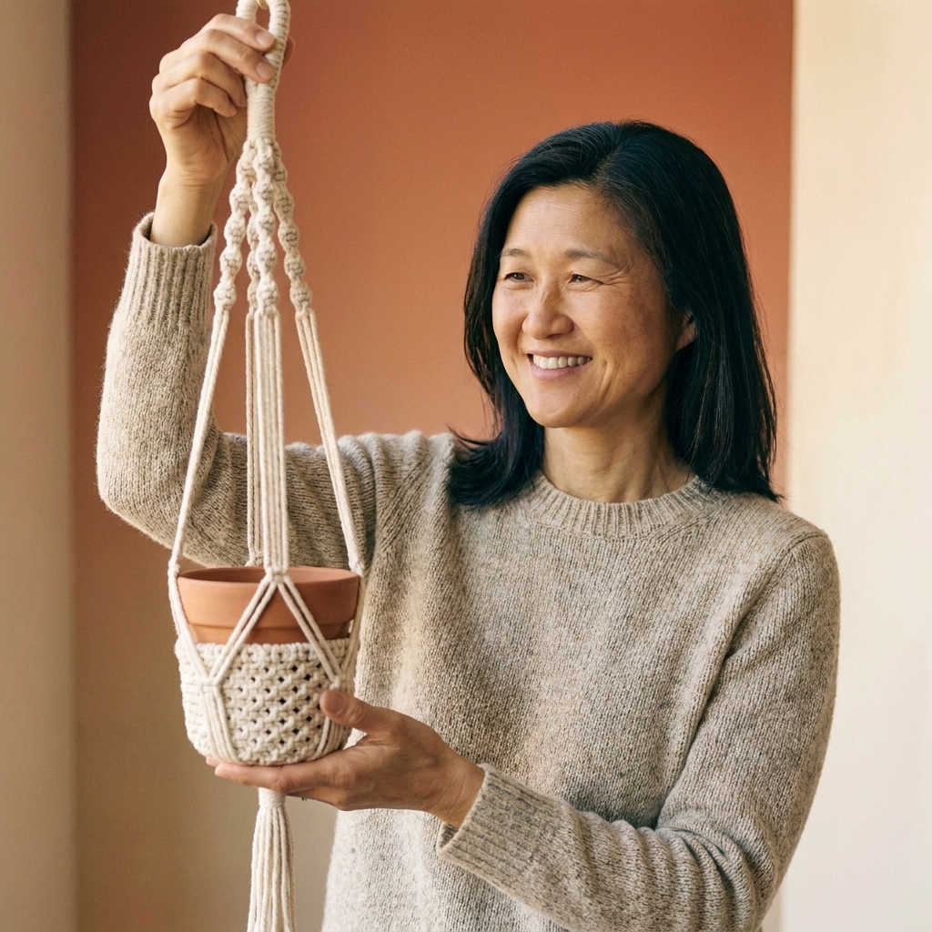 A person holding up a macrame plant hanger while a small terracotta pot sits inside during a test fit