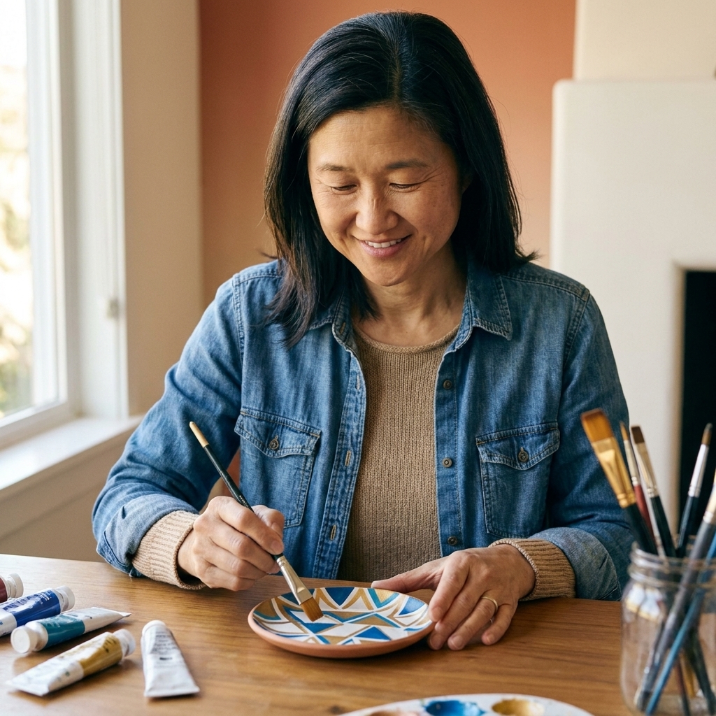 A person painting a geometric pattern on a baked polymer clay trinket dish using a small flat brush and acrylic paint