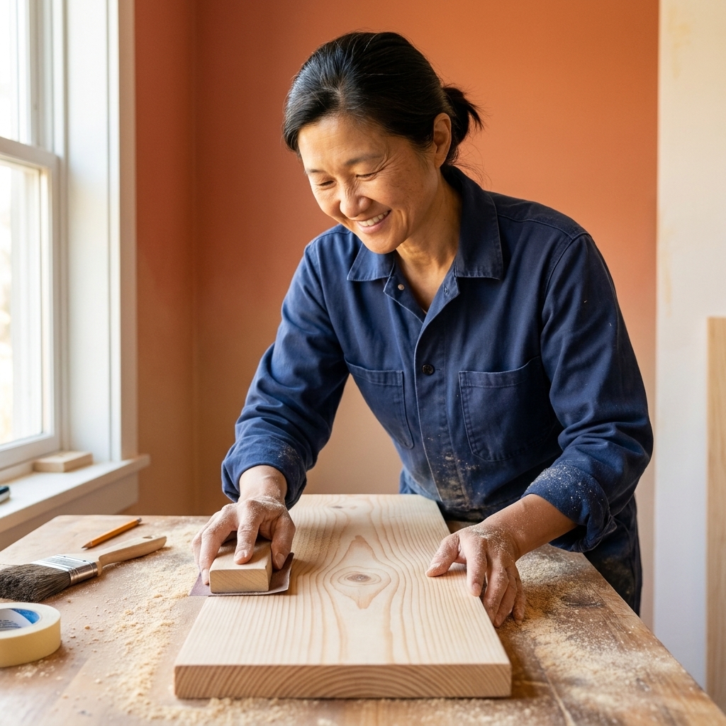 A person sanding a pine board on a workbench with a sanding block, fine sawdust visible on the surface