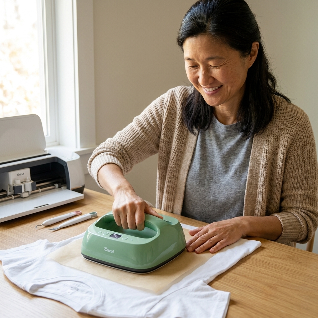 A person using a Cricut EasyPress on top of parchment paper to adhere a heat transfer vinyl design to a cotton T-shirt