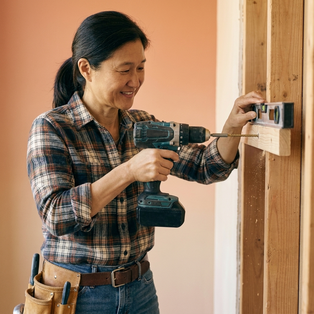 A person using a drill to drive a long wood screw through a wooden cleat into a wall stud while holding a level nearby