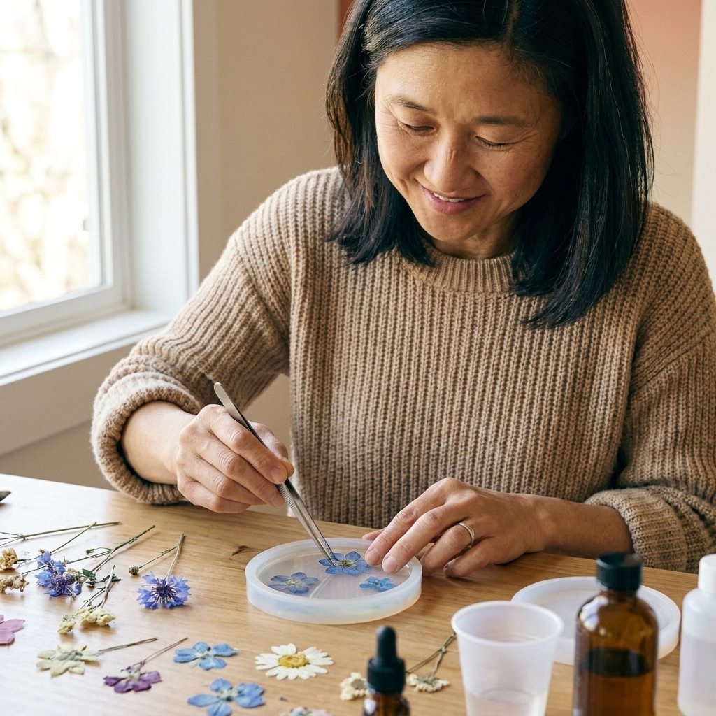A person using tweezers to place a small pressed flower into a thin layer of clear resin inside a silicone coaster mold