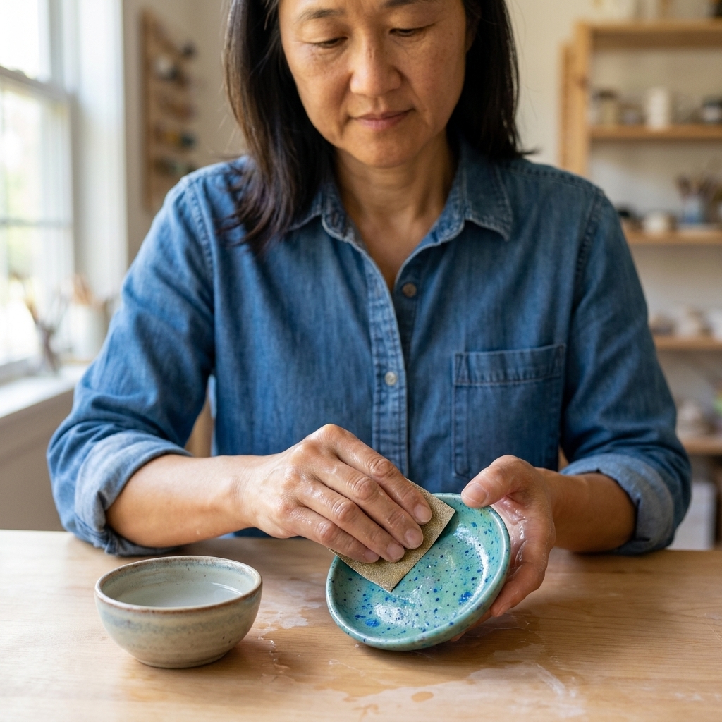 A person wet-sanding the rim of a baked polymer clay trinket dish with fine grit sandpaper near a small bowl of water
