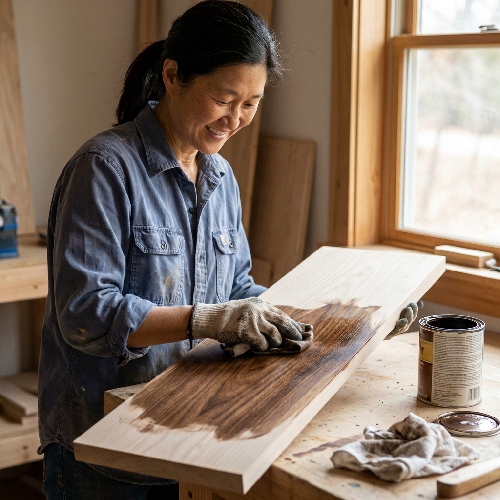 A person wiping wood stain onto a sanded shelf board with a clean rag, the grain darkening as the stain is applied