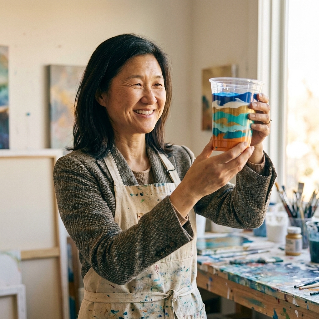 A photo of a clear plastic cup showing layered fluid acrylic paints in several colors stacked inside the cup before pouring