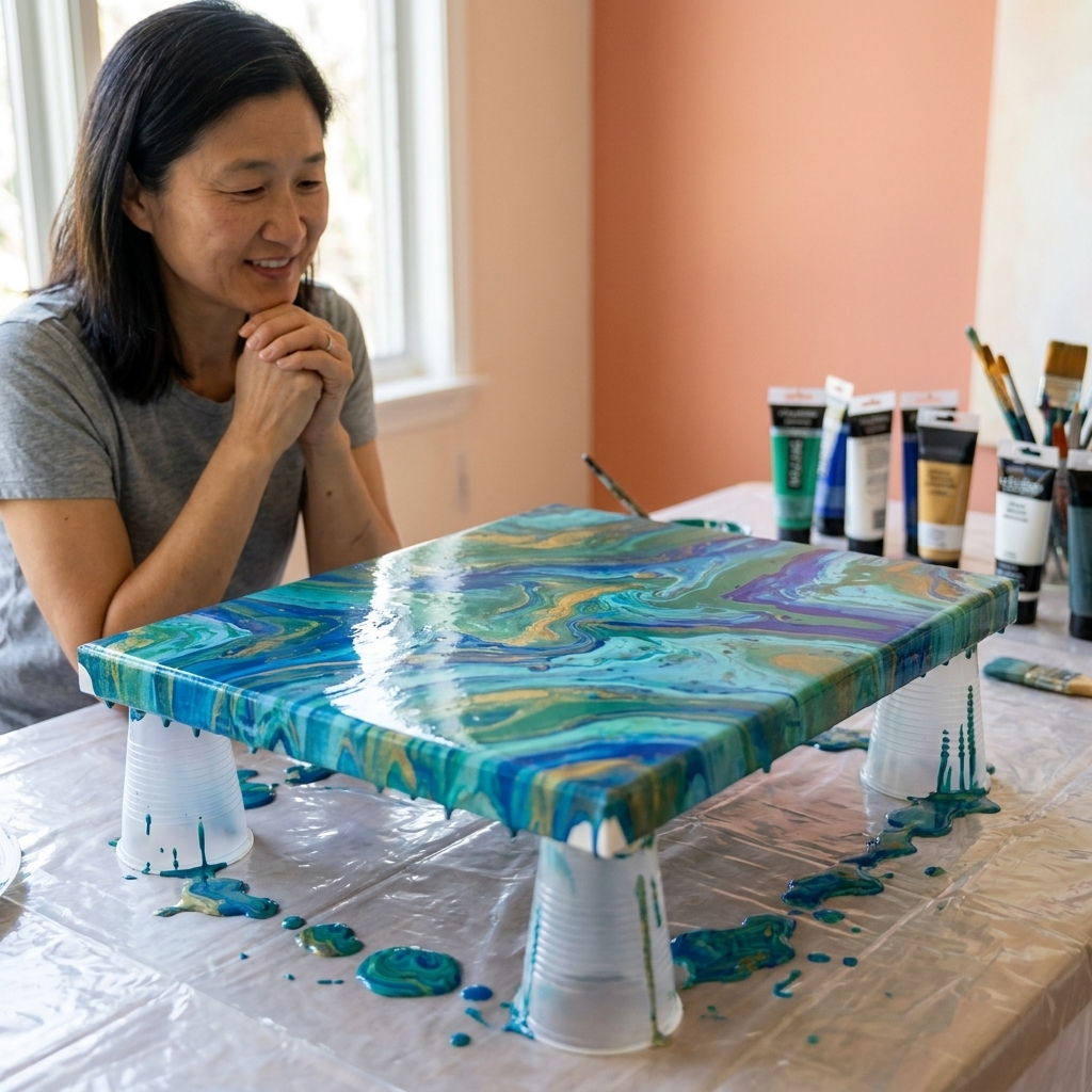 A photo of a freshly poured acrylic canvas sitting elevated on small cups over a protected table surface, with paint dripping off the edges as it begins to settle