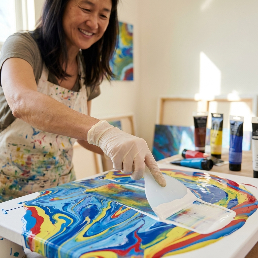 A photo of a gloved hand pulling a flat plastic tool across a canvas to swipe a layer of white paint over colorful poured paint