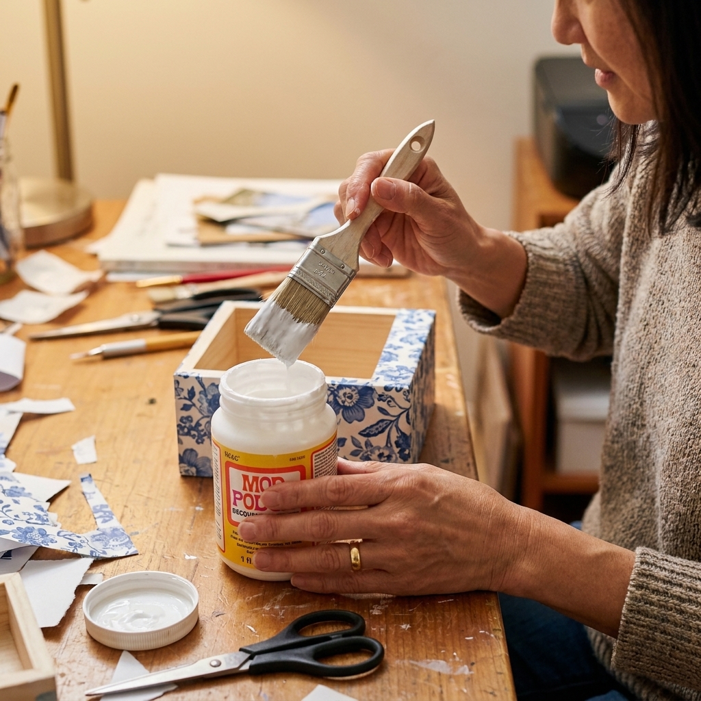 A photo of a hand holding a brush above an open jar of decoupage medium next to a wooden box being covered with patterned paper on a craft table