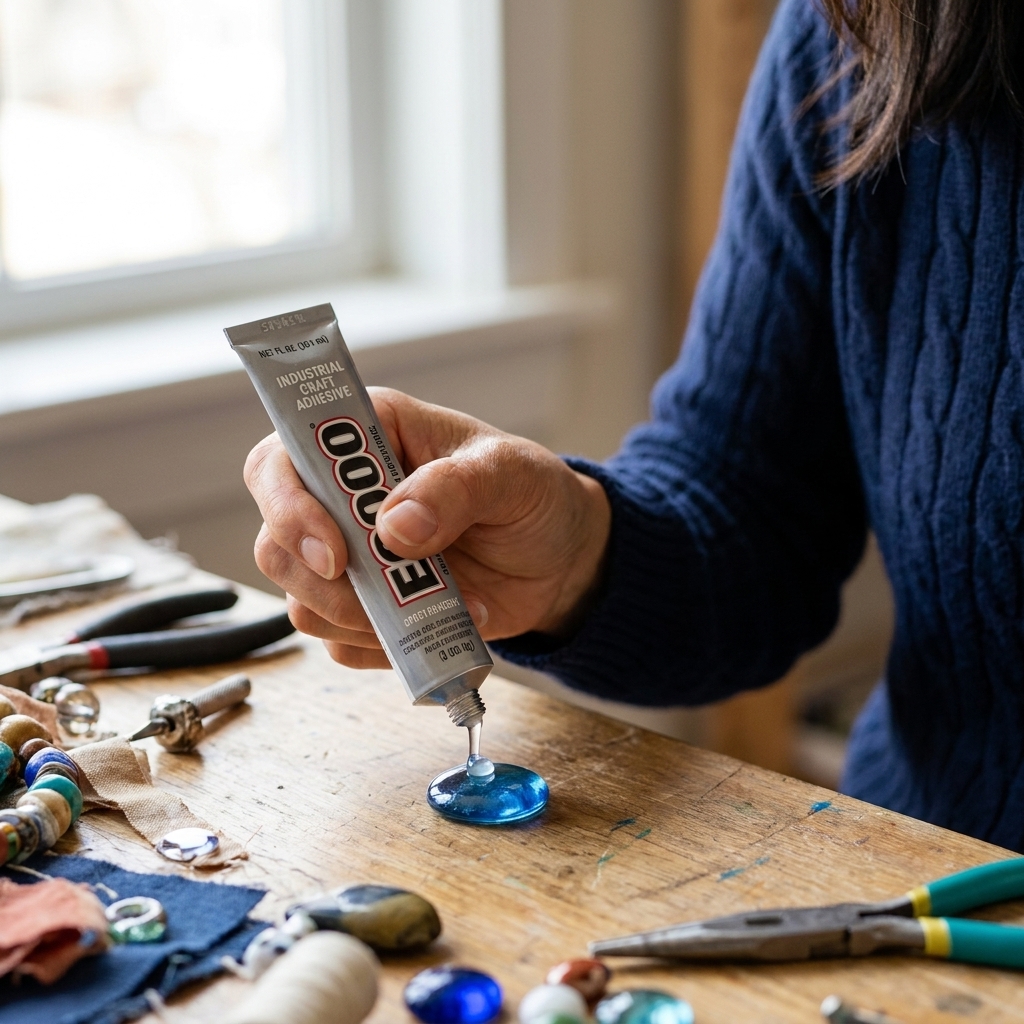 A photo of a hand squeezing a small bead of E6000-style industrial craft adhesive from a metal tube onto the back of a flat-backed gem on a work surface