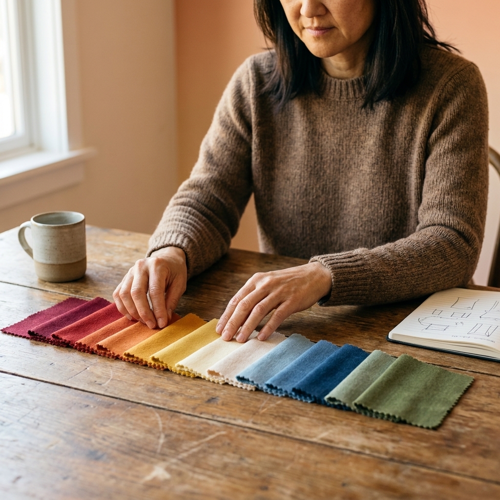 A photo of hands holding fabric swatches arranged from warm tones to cool tones on a wooden table